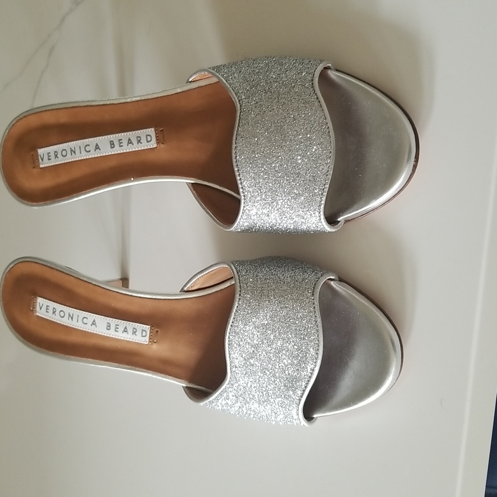 Veronica Beard Silver Glitter Open-Toe Mules